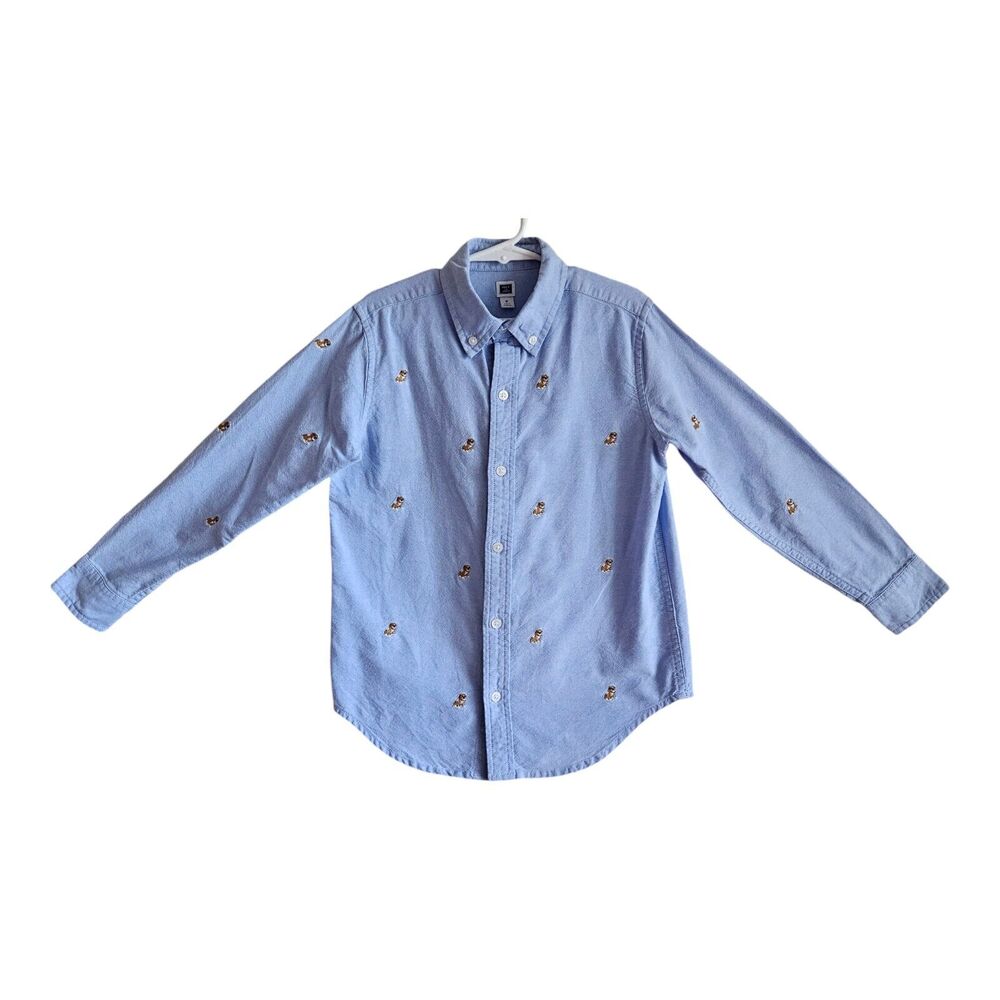 JANIE & JACK Boy's 6 Button Down Shirt Blue Embroidered Dogs Cotton Chest 28"